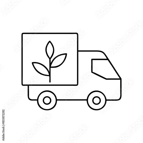 Outline drawing of a delivery truck with a plant symbol on transparent background