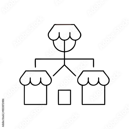 Hierarchy of stores with a central figure and small box on transparent background