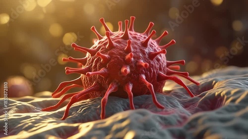 Red Cancer Cell with Spiked Surface on Gray Tissue with Golden Light Illumination and Micros