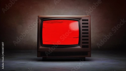 Retro Television Displaying Red Screen with Grunge Texture in Dark Environment