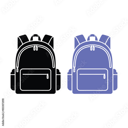 Two backpacks one black one blue shown in a linear style