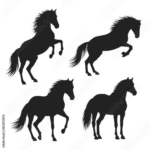 Black silhouettes of majestic horses in various dynamic poses