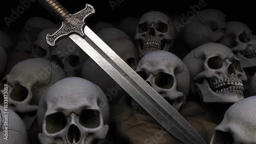 Sword Resting On A Pile Of Skulls In Dark Environment With Silver Blade