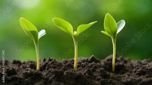 Three Green Seedlings Emerging From Dark Soil With Blurred Green Background
