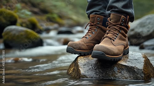 The image features a close-up of rugged brown hiking boots standing on a rock in a stream
