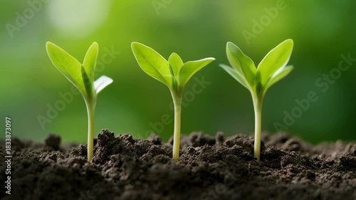 Three Green Seedlings Emerging From Dark Soil With Blurred Green Background