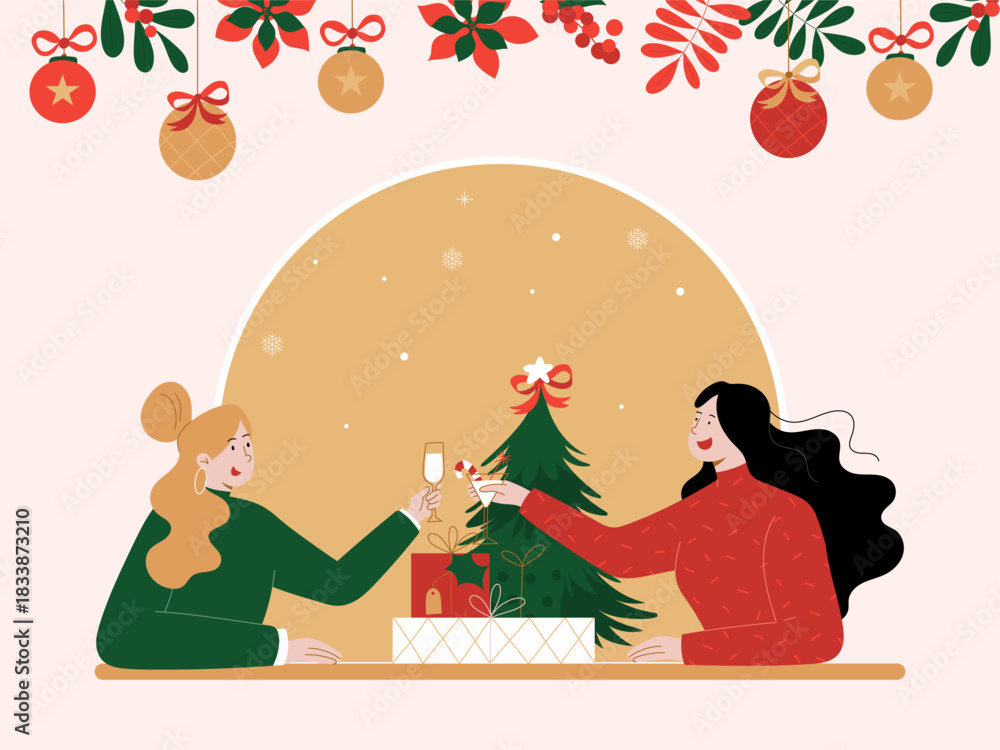 Naklejka premium Merry Christmas and Happy New Year, Friends celebrating Christmas