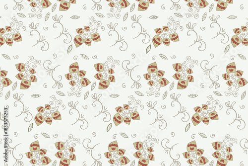 A delicate, soft-toned paisley intertwined with a shabby-chic style floral and rose pattern, ideal for romantic stationery, craft paper, feminine home textile