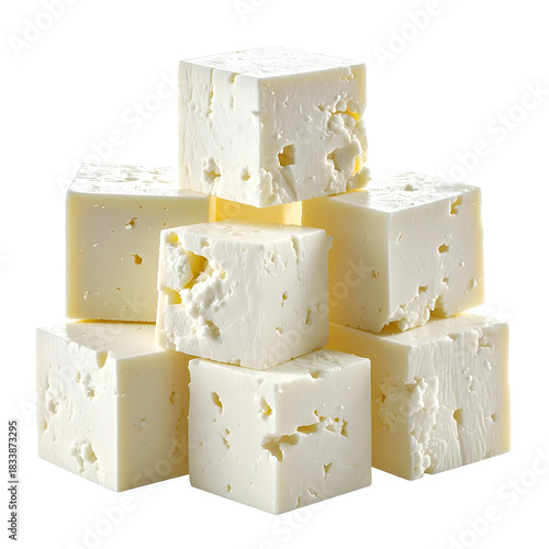 Artisanal Feta Cubes: A visually appealing stack of fresh, creamy feta cheese cubes, offering a glimpse into culinary delight.