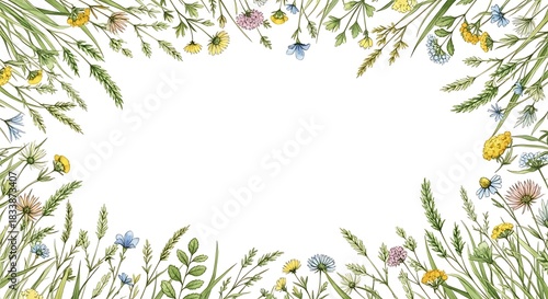 Fototapeta Naklejka Na Ścianę i Meble -  Watercolor wild meadow flowers and green grass border frame