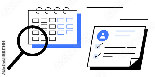 Magnifying glass examines calendar and checklist on document, symbolizing organization, scheduling, tasks, and review. Ideal for productivity, planning, research, analysis workflow management