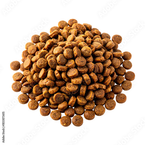 Pile of Delicious Dog Food: A close-up shot showcasing a heap of appealing, bite-sized dog food kibble, designed to fuel a dog's health and happiness.