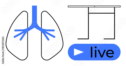 Health education, live streaming, medical research, modern design, online webinars, minimalist visuals. Stylized lungs, a desk outline and live icon. Health education and live streaming concept