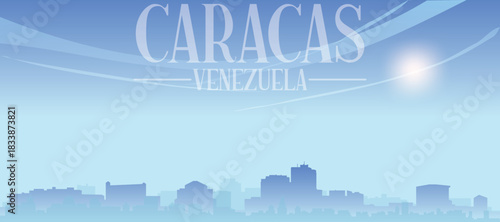 Blue panoramic poster of the city skyline with misty background buildings and clouds of CARACAS, VENEZUELA