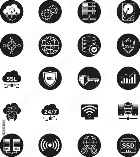 Collection of Black and White Computer and Network Technology Icons for Web Design and Development Projects