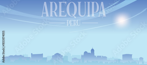 Blue panoramic poster of the city skyline with misty background buildings and clouds of AREQUIPA, PERU