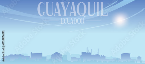 Blue panoramic poster of the city skyline with misty background buildings and clouds of GUAYAQUIL, ECUADOR