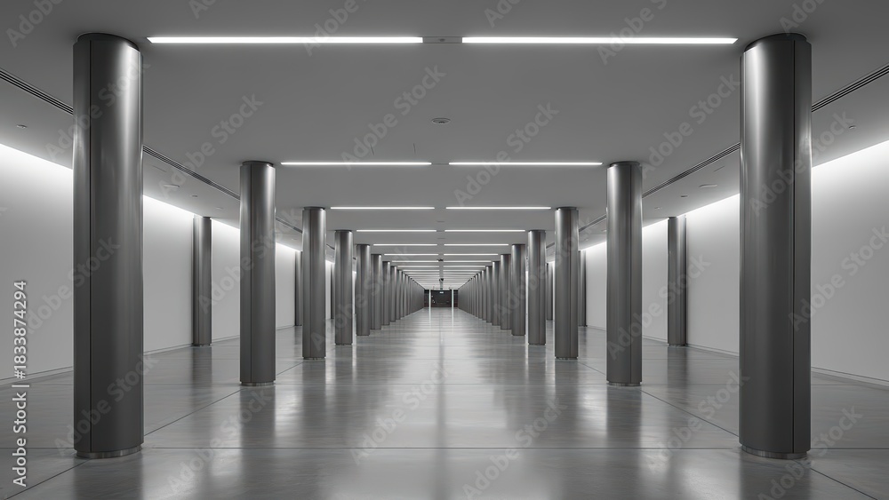 Fototapeta premium Modern minimalist corridor with symmetrical design and metallic columns