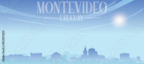 Blue panoramic poster of the city skyline with misty background buildings and clouds of MONTEVIDEO, URUGUAY