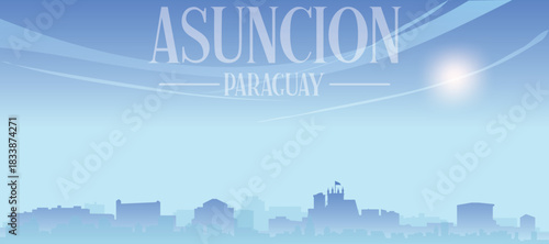 Blue panoramic poster of the city skyline with misty background buildings and clouds of ASUNCION, PARAGUAY