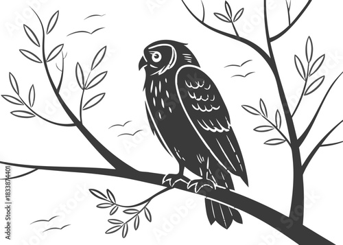 Stylized owl perched on a tree branch at night with birds flying