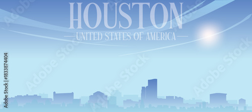 Blue panoramic poster of the city skyline with misty background buildings and clouds of HOUSTON, UNITED STATES