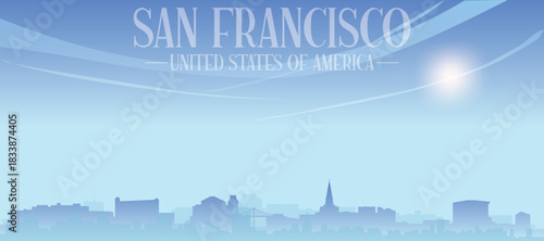 Blue panoramic poster of the city skyline with misty background buildings and clouds of SAN FRANCISCO, UNITED STATES