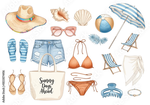 Watercolor beach vacation accessory set
