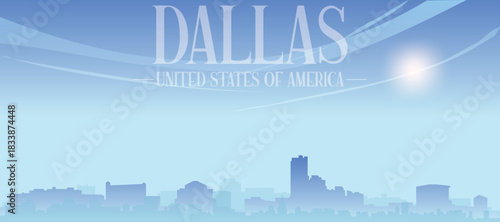 Blue panoramic poster of the city skyline with misty background buildings and clouds of DALLAS, UNITED STATES