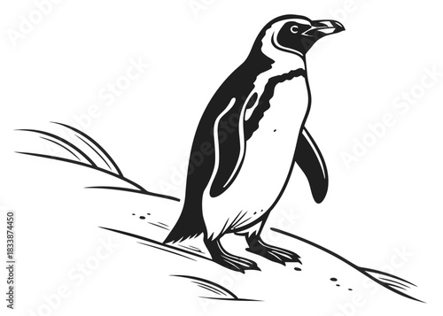 Stylized black and white illustration of a penguin standing on a branch