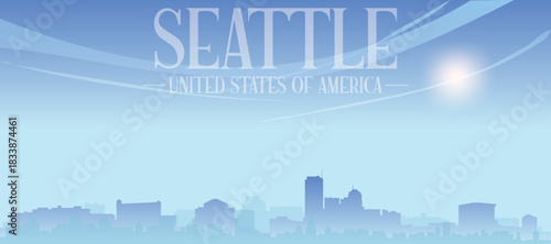 Blue panoramic poster of the city skyline with misty background buildings and clouds of SEATTLE, UNITED STATES