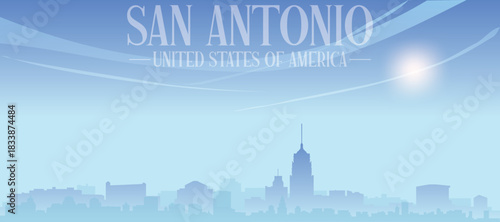 Blue panoramic poster of the city skyline with misty background buildings and clouds of SAN ANTONIO, UNITED STATES