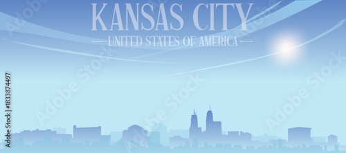 Blue panoramic poster of the city skyline with misty background buildings and clouds of KANSAS CITY, UNITED STATES