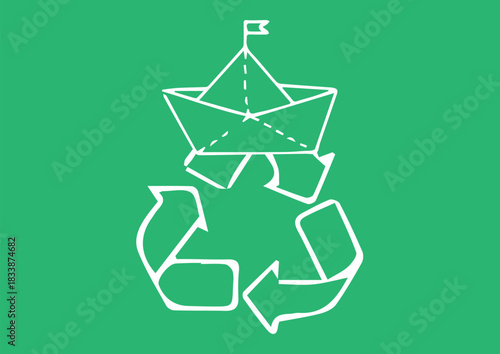 Handmade Recycling Symbol with Origami Paper Ship