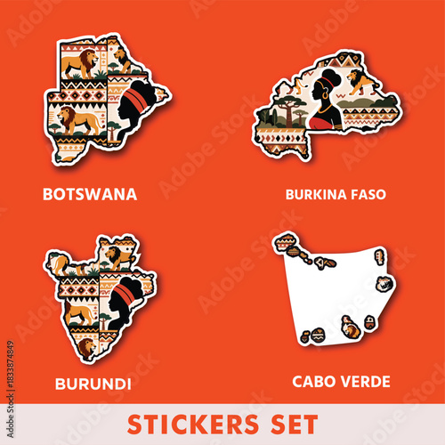 A unique mix of mainland and island cultures — Botswana, Burkina Faso, Burundi and Cabo Verde combined into one vibrant Afrocentric sticker collection.