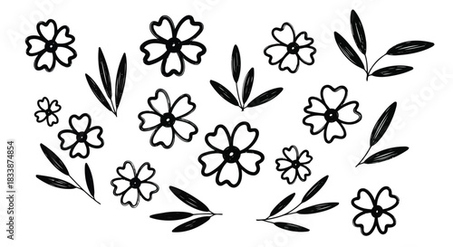 Hand drawn sketchy flower and leaf element set