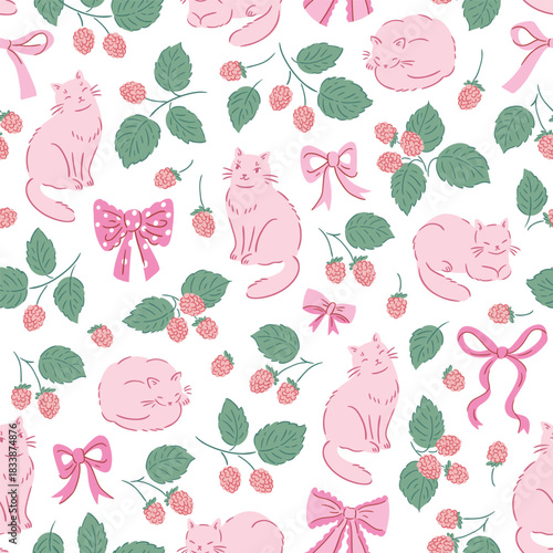vector coquette seamless pattern in delicate pastel color palette. Stylish illustrated berry, bows and cats on white background. Preppy animal repeat pattern design for baby textile or wallpaper.