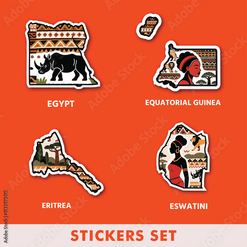 A cultural sticker set uniting Egypt, Equatorial Guinea, Eritrea and Eswatini — blending ancient heritage with modern Afro-ethnic expression.
