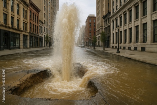 Massive dirty water main break eruption exploding from cracked city street asphalt amidst towering urban buildings.