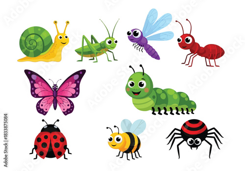 Set of cute cartoon insects and bugs
