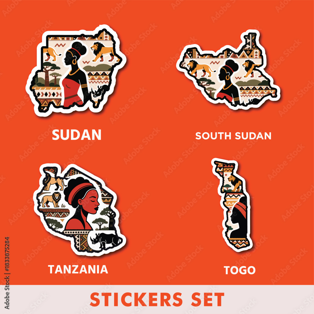 Fototapeta premium A rich cultural sticker set showcasing Sudan, South Sudan, Tanzania and Togo — blending heritage, tradition and iconic landmarks into bold Afrocentric artwork.