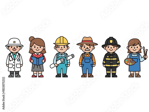 Flat Vector Illustration of Six Children Wearing Different Profession Costumes: Doctor, Teacher, Architect, Farmer, Firefighter, and Painter – Simple Education Career Characters