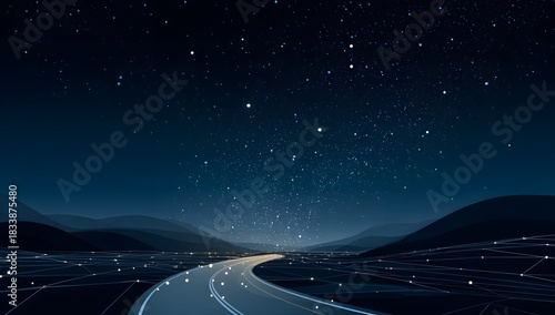 Expansive open road stretching towards a distant illuminated cityscape under a vast star filled night sky with glowing digital constellations