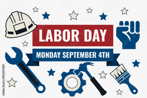 Creative Labor Day poster design featuring tools, stars, hard hat, and raised fist celebrating workers and national pride.  
