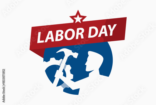 Labor Day emblem with worker silhouette and tools  
