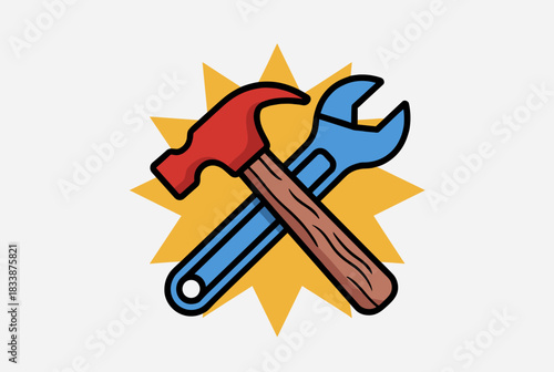 Hammer and wrench crossed tool icon  
