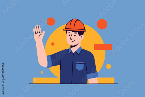 Smiling construction worker waving hand illustration  
