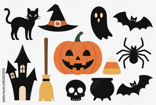 Halloween elements set with pumpkin ghost bat and cat  
