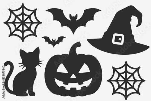 Halloween black silhouettes of cat pumpkin bat and witch hat  
