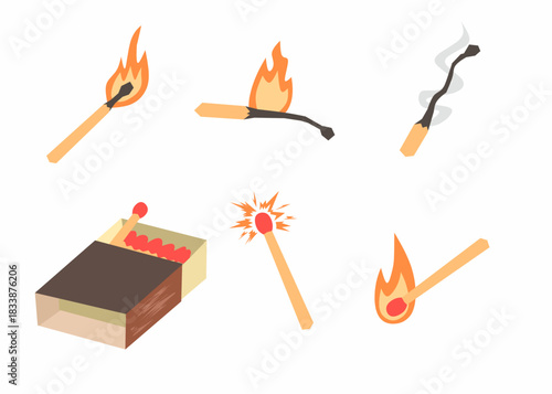 set of illustrations of Burning Matches. burning matches, smoking matchsticks, matchboxes and sparks.